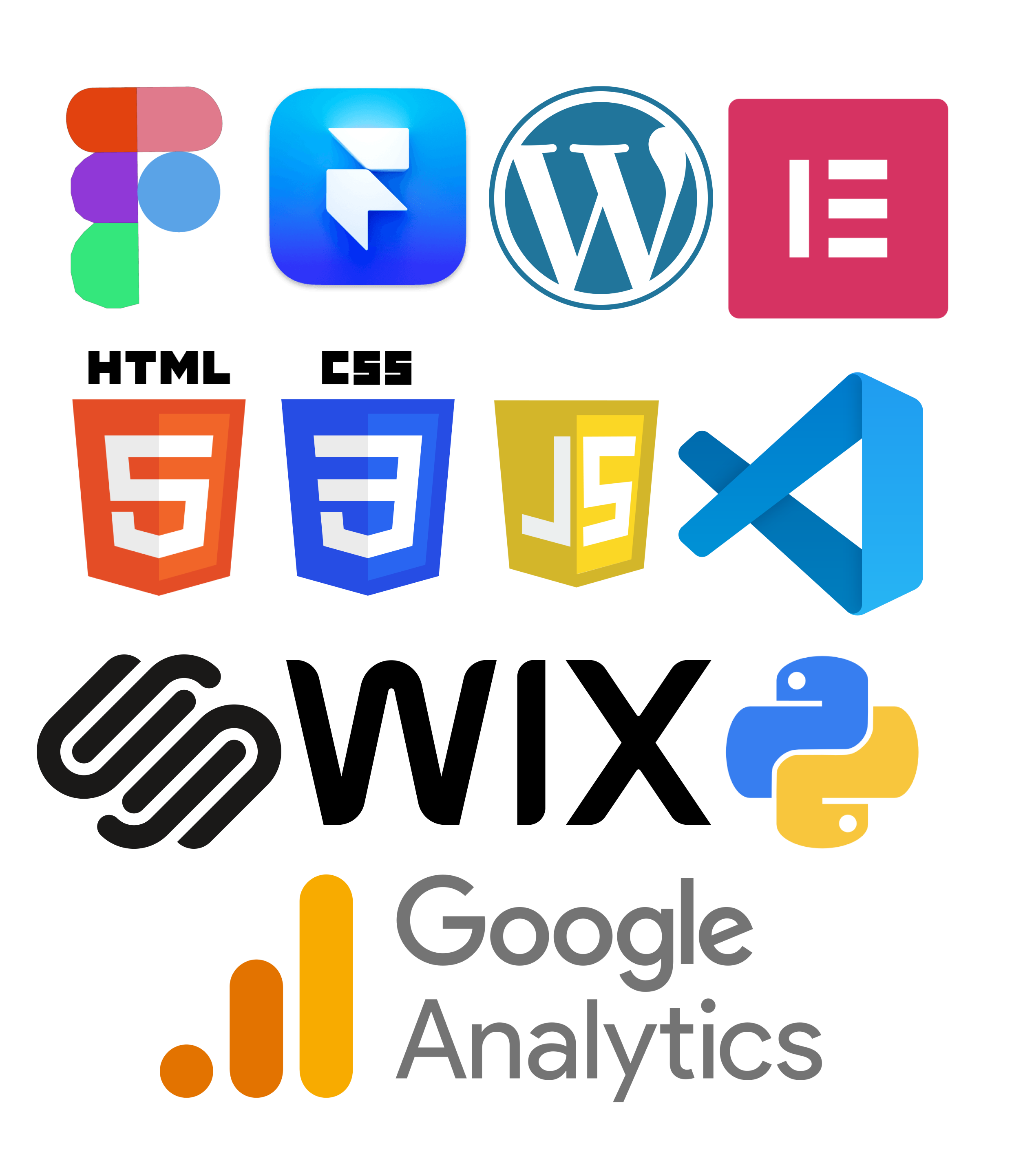 My development and design toolkit including HTML, CSS, JavaScript, Photoshop, WordPress, Elementor, Kubernetes, Python, and Google Analytics